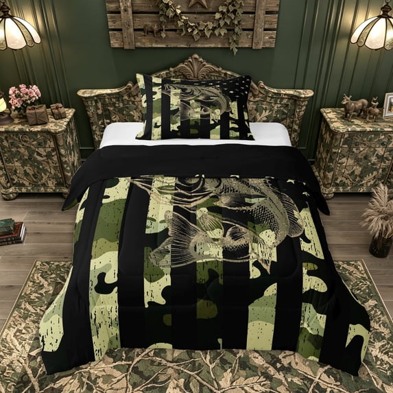 Feelyou Camo Fishing Twin Comforter Sets for Men Boys, Retro US Flag Bedding Set, Green Black, Black Reversible, 2 Pieces