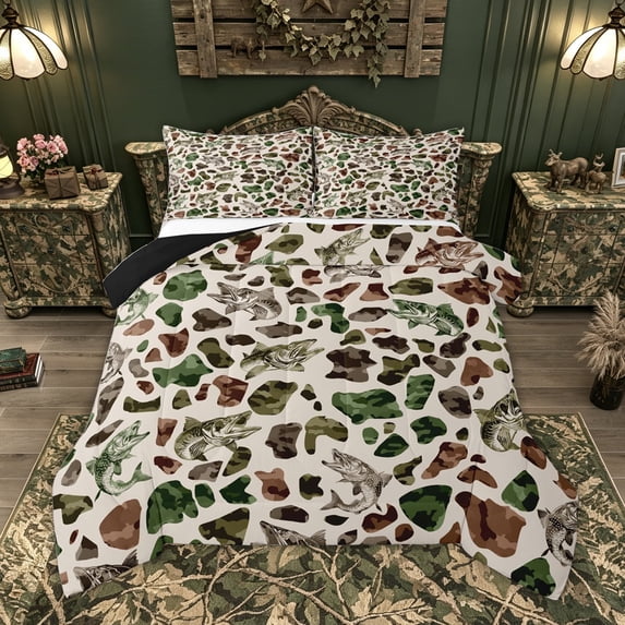 Feelyou Camo Game Fish Queen Comforter Set for Men Women Kids, Outdoor Pike Fishing Bedding Comforter Set, Black Reversible, 3pcs