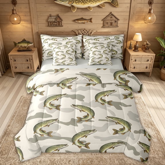 Feelyou Camo Green Pike Fish Hunting Bedding Comforter Set for Men Women, Outdoor Fishing Marine Full Bedding Set, Green Beige White, Grey Reversible, 7-Piece