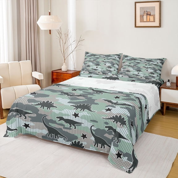 Feelyou Camo Green Star Dinosaur Silhouette Bed Sheets for Boys Girls, Prehistoric Wildlife King Sheets, Green, 4-Piece