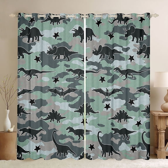 Feelyou Camo Green Star Dinosaur Silhouette Blackout Curtains Set of 2 (52x84 Each) for Boys Girls, Prehistoric Wildlife Window Curtains, Green