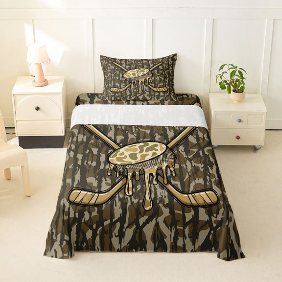 Feelyou Camo Ice Hockey Twin Sheets for Boys, Rustic Camouflage Dripping Bedding, 3 Pieces, 1 Flat Sheet, 1 Fitted Sheet and 1 Pillowcase