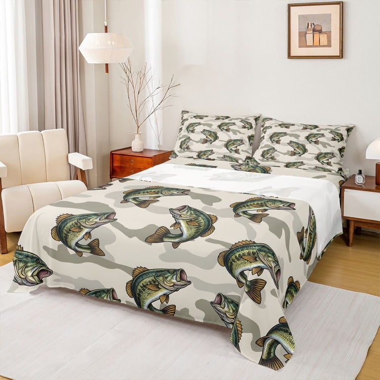 Feelyou Camo Largemouth Bass Fish Wildlife Queen Sheet Sets for Men Kids, Deep Ocean Bed Set, Beige, 4 Pieces, Size: 1