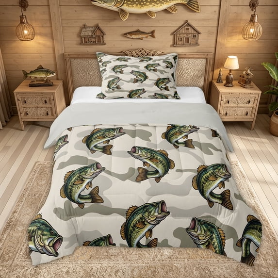 Feelyou Camo Largemouth Bass Fish Wildlife Twin Comforter Sets for Men Kids, Deep Ocean Bedding Set, Beige, Grey Reversible, 2 Pieces
