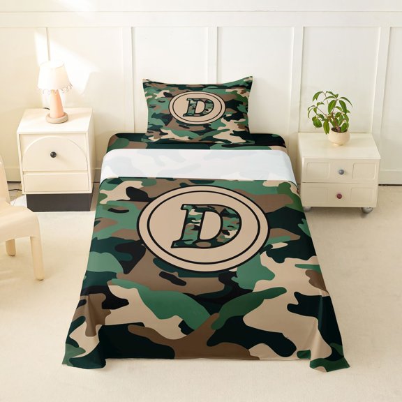 Feelyou Camo Letter D Twin Sheet Sets for Men Boys, Farmhouse Camouflage Bedding, Green, 3-Piece