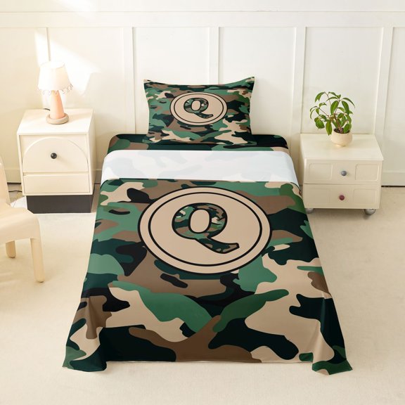 Feelyou Camo Letter Q Twin Sheet Sets for Boys, Vintage Camouflage Bedding for Bedroom, Green, 3 Pieces