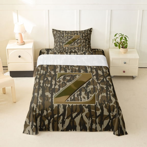 Feelyou Camo Letter Z Twin Sheet Sets for Men Women, Rustic Camouflage Branches Bedding, 3pcs