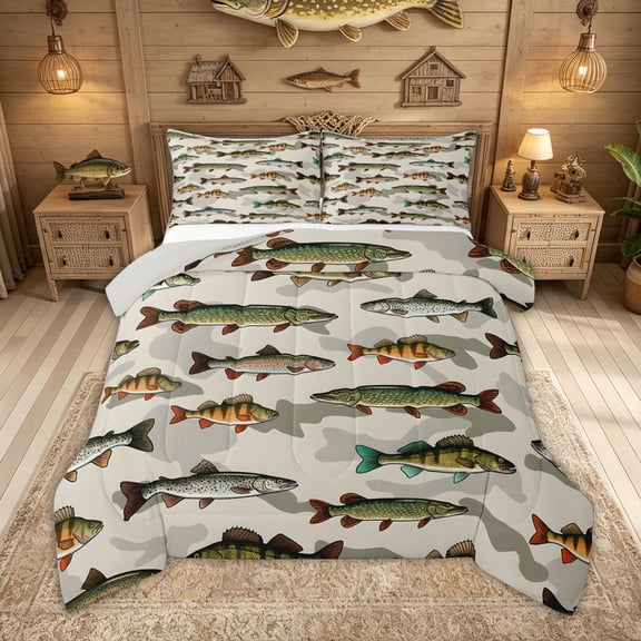 Feelyou Camo Pike Fish Queen Comforter Set for Men Women, Retro Farmhouse Wildlife Bedding Comforter Set, Beige, Grey Reversible, 3pcs