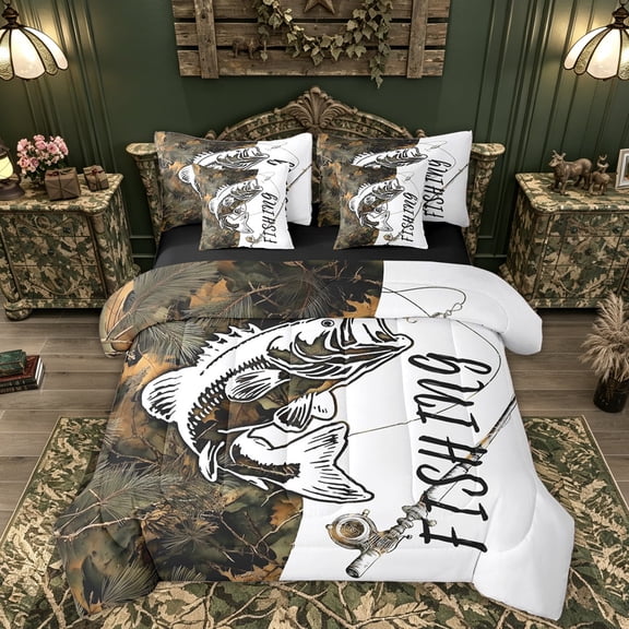 Feelyou Camo Pine Fishing Bass Twin Bedding Sets for Men Boys, River Animal Bedding Comforter Set, Green, Black Reversible, 7 Pieces