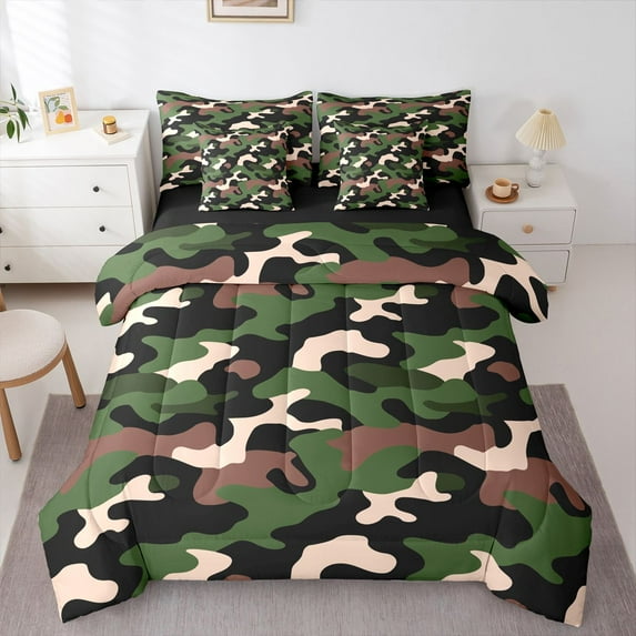 Feelyou Camouflage Camo Bedding Comforter Set 7pcs, Green Abstract Ombre Full Bedding Set