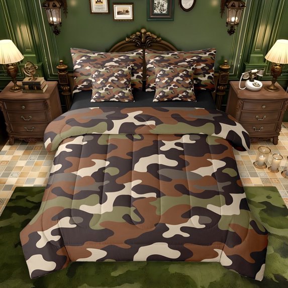 Feelyou Camouflage Camo Comforter Set 7pcs, Brown Abstract Ombre Queen Bedding Sets