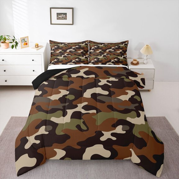 Feelyou Camouflage Camo Queen Comforter Set, Brown Abstract Bedding Comforter Set, 3pcs