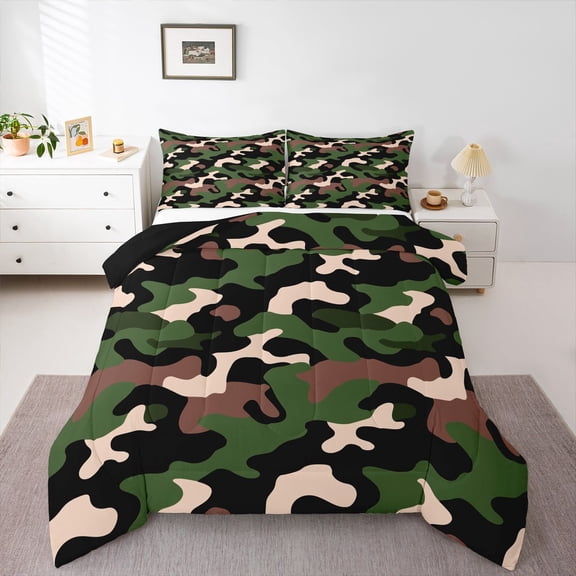 Feelyou Camouflage Camo Queen Comforter Set, Green Abstract Bedding Comforter Set, 3pcs