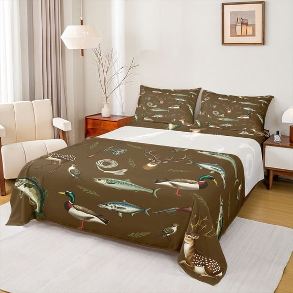 Feelyou Camouflage Fishing Full Size Sheets for Men Adults, Retro Deer Duck Bass Camping Wildlife Bed Sheets, Brown, 4-Piece