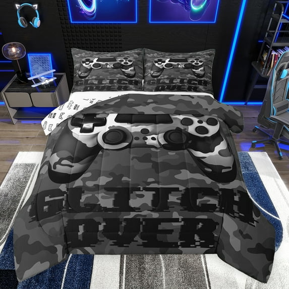 Feelyou Camouflage Gamepad Queen Comforter Set, Cartoon Video Games Console Bedding Sets, Teens Kids Boys Girls Reversible Bedding Comforter Set, Ultra Soft Bedroom Decor, 3-Piece