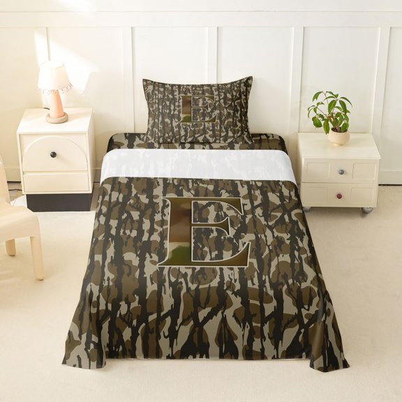 Feelyou Camouflage Letter E Print Twin Sheet Sets for Men Women, Rustic Camouflage Branches Bedding, 3pcs