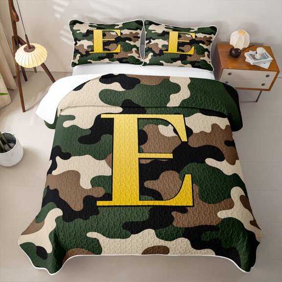 Feelyou Camouflage Letter E Twin Quilt Set for Boys, Rustic Camo Cabin Twin Coverlet Set, Green Gold, 2pcs