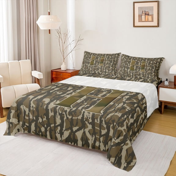 Feelyou Camouflage Letter H Print Full Size Sheets for Men Women, Rustic Camouflage Branches Bed Sheets, 4pcs