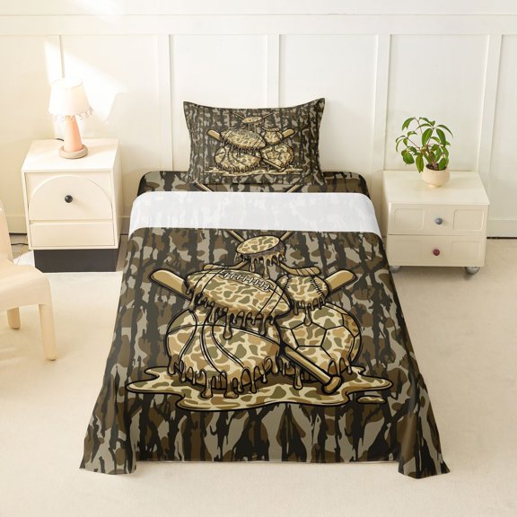 Feelyou Camouflage Sport Balls Twin Sheets for Kids, Vintage Rustic Dripping Bedding, 3pcs, 1 Flat Sheet, 1 Fitted Sheet and 1 Pillowcase