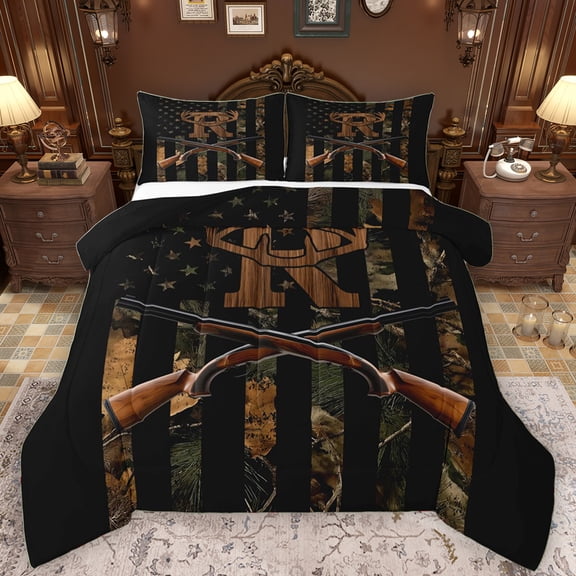 Feelyou Camouflage US Flag Bedding Comforter Set for Child, Hunting Animal Wildlife Twin Comforter Sets, Initial R Letter Reversible Bedding Set, Luxury Bedroom Decor, 2-Piece