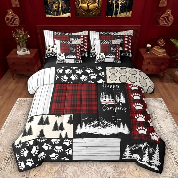 Feelyou Camping Explorer Twin Bedding Sets 7pcs, Red Patchwork Bedding Comforter Set