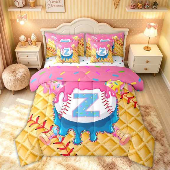 Feelyou Candy Dripping Baseball Bat Full Size Bedding Sets for Kids, Ice Cream Z Letetr Full Size Bed in a Bag, Pink Yellow, Polkadot Reversible, 7-Piece
