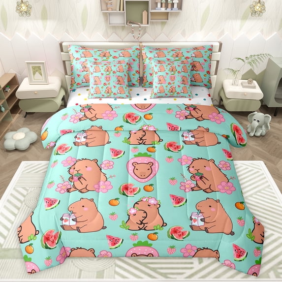 Feelyou Capibara Bedding Comforter Set 7pcs, Strawberry Watermelon Queen Bedding Sets
