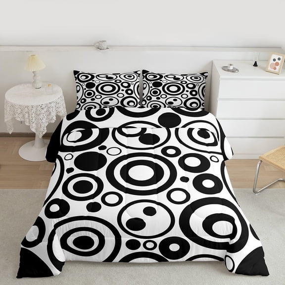 Feelyou Cartoon Abstract Ombre Queen Comforter Set, White Black Circle Geometric Bedding Sets, Teen Kid Child Adult Bedding Comforter Set, Microfiber Bedroom Decor, 3pcs