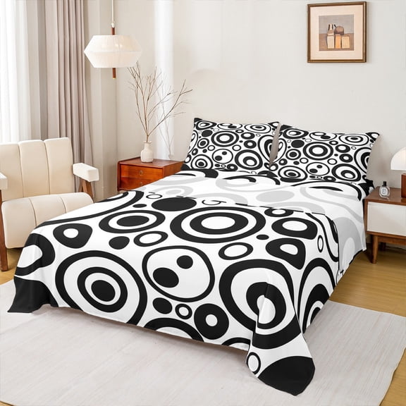 Feelyou Cartoon Abstract Ombre Queen Sheet Sets, White Black Circle Geometry Flat Sheet, Teen Kid Child Adult Queen Fitted Sheet, Microfiber Bedroom Decor, 4pcs
