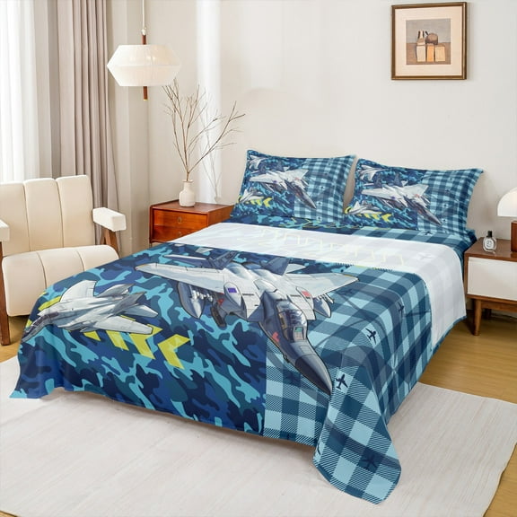 Feelyou Cartoon Airplane Boys Twin Sheet Sets, Plane Helicopter Print Twin Fitted Sheet, Blue Camouflage Buffalo Flat Sheet, Breathable Home Decor, 3 Pieces