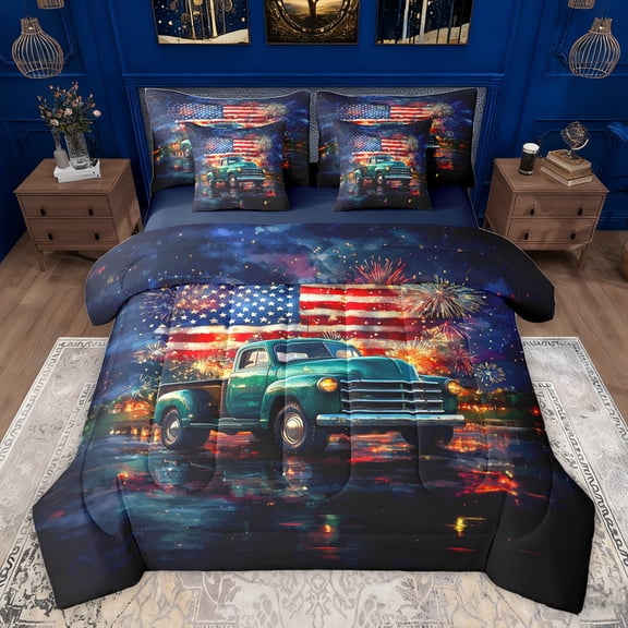 Feelyou Cartoon American Flag Bedding Comforter Set 7pcs, Independence Day Firework King Bedding Sets, July Fourth Theme Reversible Bed Sheets, Super Cozy Room Decor