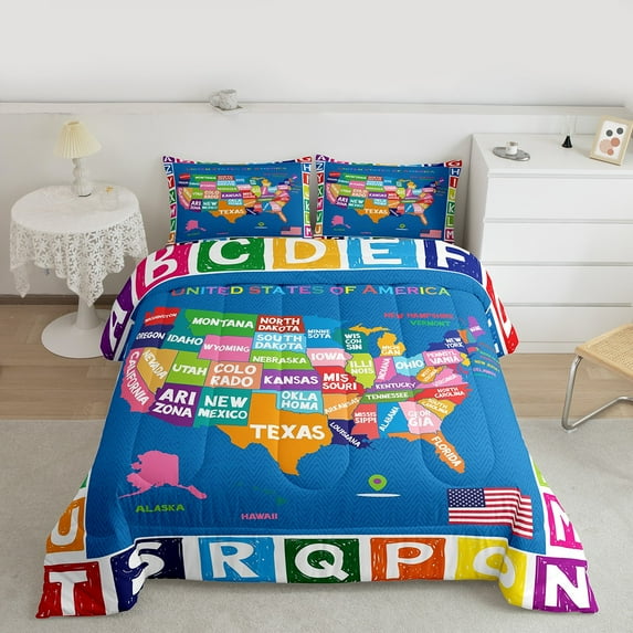 Feelyou Cartoon American Map Full Size Comforter Sets, Colorful Geoemtric Bedding Comforter Set, Teen Boy Girl Kid Bedding Sets, Super Cozy Room Decor, 3pcs