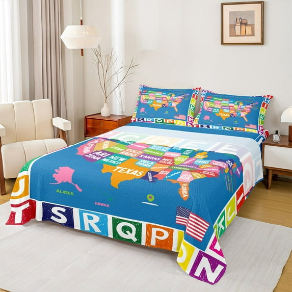 Feelyou Cartoon American Map Twin Sheet Sets, Colorful Geoemtric Twin Fitted Sheet, Teen Boy Girl Kid Flat Sheet, Super Cozy Room Decor, 3pcs