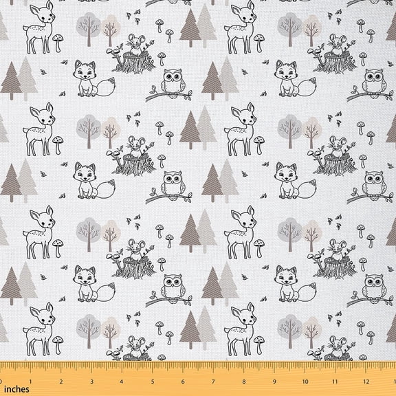 Feelyou Cartoon Animal Kids Fabric by the Yard 2 Yards, Jungle Reindeer Owl Home Decor Fabric by the Yard, Rustic Pine Tree Botanical Sewing Fabric, Ultra Soft Home Decor