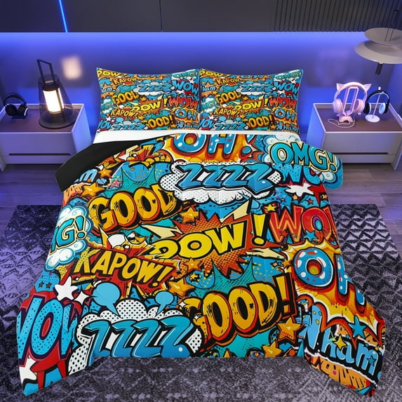 Feelyou Cartoon Art Bedding Comforter Set for Teens, Vintage Hip Hop Graffiti Twin Comforter Sets, Game Boy Reversible Bedding Set, Ultra Soft Bedroom Decor, 2 Pieces