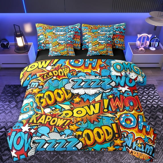 Feelyou Cartoon Art Twin Bedding Sets 7-Piece for Teens, Vintage Hip Hop Graffiti Bedding Comforter Set, Game Boy Reversible Sheet Sets, Ultra Soft Bedroom Decor