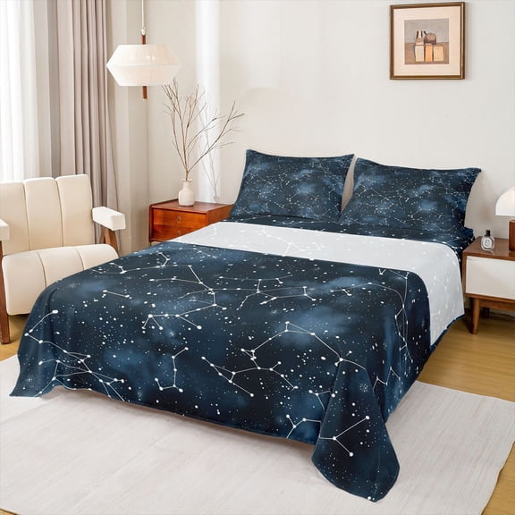 Feelyou Cartoon Astrology Queen Sheet Sets, Starry Sky Galaxy Bed Set, 4 Pieces