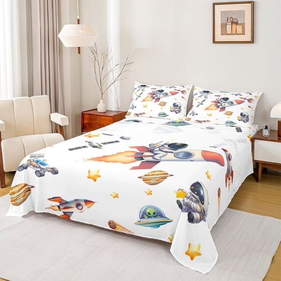 Feelyou Cartoon Astronaut Kids Bed Sheets, Kawaii Outer Space King Sheets, Planet Stars Print Sheet Set, Breathable Home Decor, 4-Piece