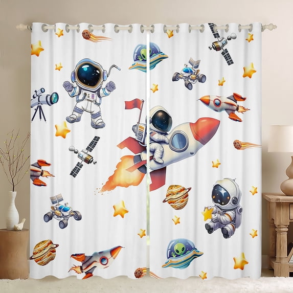 Feelyou Cartoon Astronaut Kids Curtains Pack of 2 (42x84 Each), Kawaii Outer Space Curtains Blackout, Planet Stars Print Bedroom Curtains, Window Curtains Home Decor