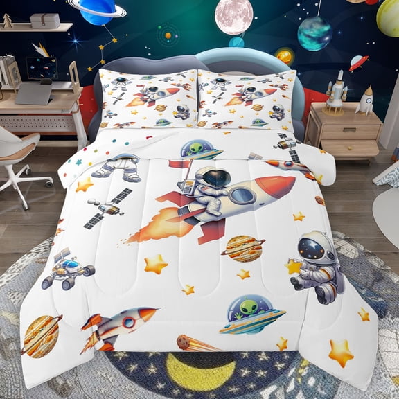 Feelyou Cartoon Astronaut Kids Full Size Comforter Sets, Kawaii Outer Space Bedding Comforter Set, Planet Stars Print Reversible Bedding Sets, Breathable Home Decor, 3-Piece
