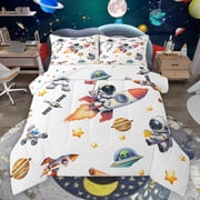 Feelyou Cartoon Astronaut Kids Queen Comforter Set, Kawaii Outer Space Bedding Sets, Planet Stars Print Reversible Bedding Comforter Set, Breathable Home Decor, 3-Piece