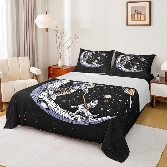Feelyou Cartoon Astronaut Print Bed Sheets, Mystic Outer Space King Sheets, Dreamy Stars Planet Sheet Set, Super Cozy Room Decor, 4-Piece