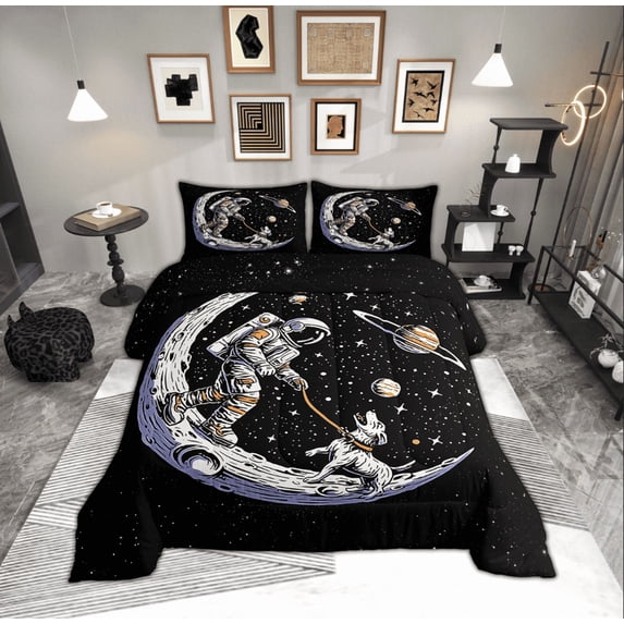Feelyou Cartoon Astronaut Print Full Size Comforter Sets, Mystic Outer Space Bedding Comforter Set, Dreamy Stars Planet Bedding Sets, Super Cozy Room Decor, 3-Piece