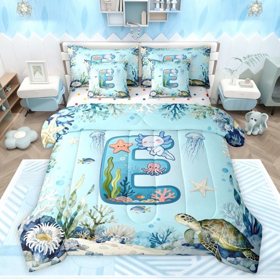 Feelyou Cartoon Axolotl Bedding Comforter Set 7 Pieces, Cartoon Letter E Full Bedding Set