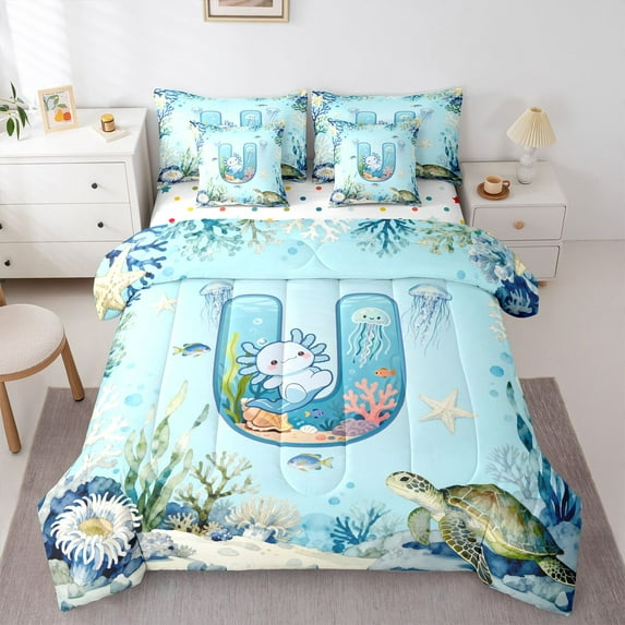 Feelyou Cartoon Axolotl Bedding Comforter Set 7pcs, Cartoon Letter U Queen Bedding Sets