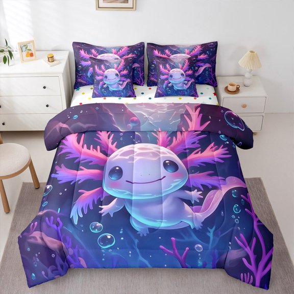 Feelyou Cartoon Axolotl Bedding Comforter Set 7pcs for Teens, Kawaii Ocean Sealife Queen Bedding Sets, Underwater World Reversible Queen Sheet Sets, Ultra Soft Home Decor