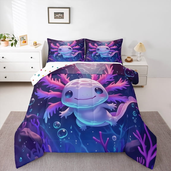 Feelyou Cartoon Axolotl Bedding Comforter Set for Teens, Kawaii Ocean Sealife Twin Comforter Sets, Underwater World Reversible Bedding Set, Ultra Soft Home Decor, 2-Piece