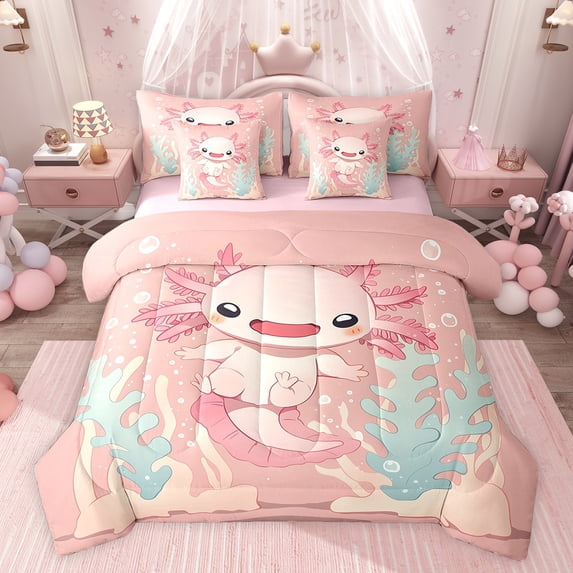 Feelyou Cartoon Axolotl Teens Bedding Comforter Set 7 Pieces, Funny Sealife Animal Full Bedding Set, Pink Princess Style Reversible Fitted Sheet Flat Sheet, Ultra Soft Bedroom Decor