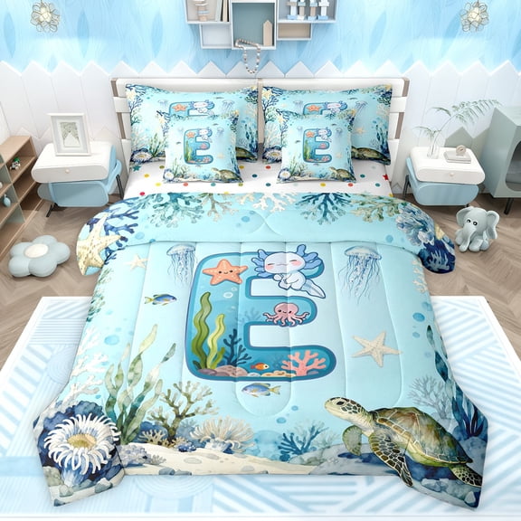 Feelyou Cartoon Axolotl Twin Bedding Sets 7-Piece, Cartoon Letter E Bedding Comforter Set