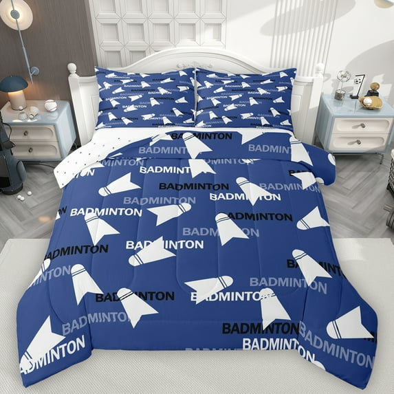 Feelyou Cartoon Badminton Athlete Queen Comforter Set, Vintage Rugby Lover Bedding Sets, Blue Cartoon Print Reversible Bedding Comforter Set, Lightweight Room Decor, 3-Piece